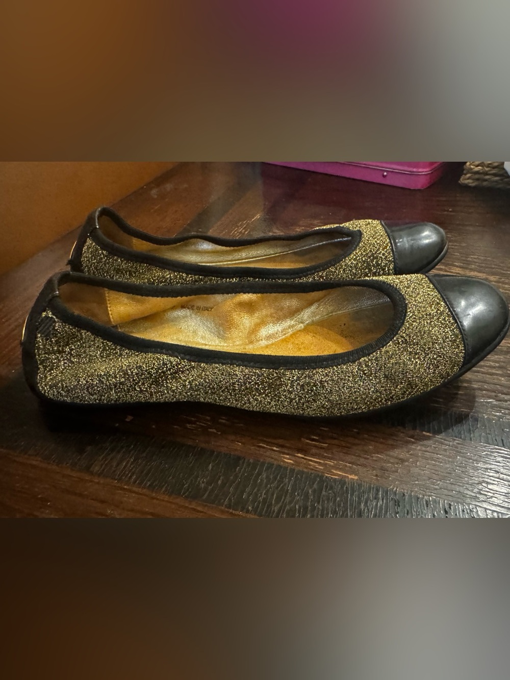 Jimmy Choo Gold Glitter and Black Cap-Toe Ballet Flats size 37 (6.5-7)